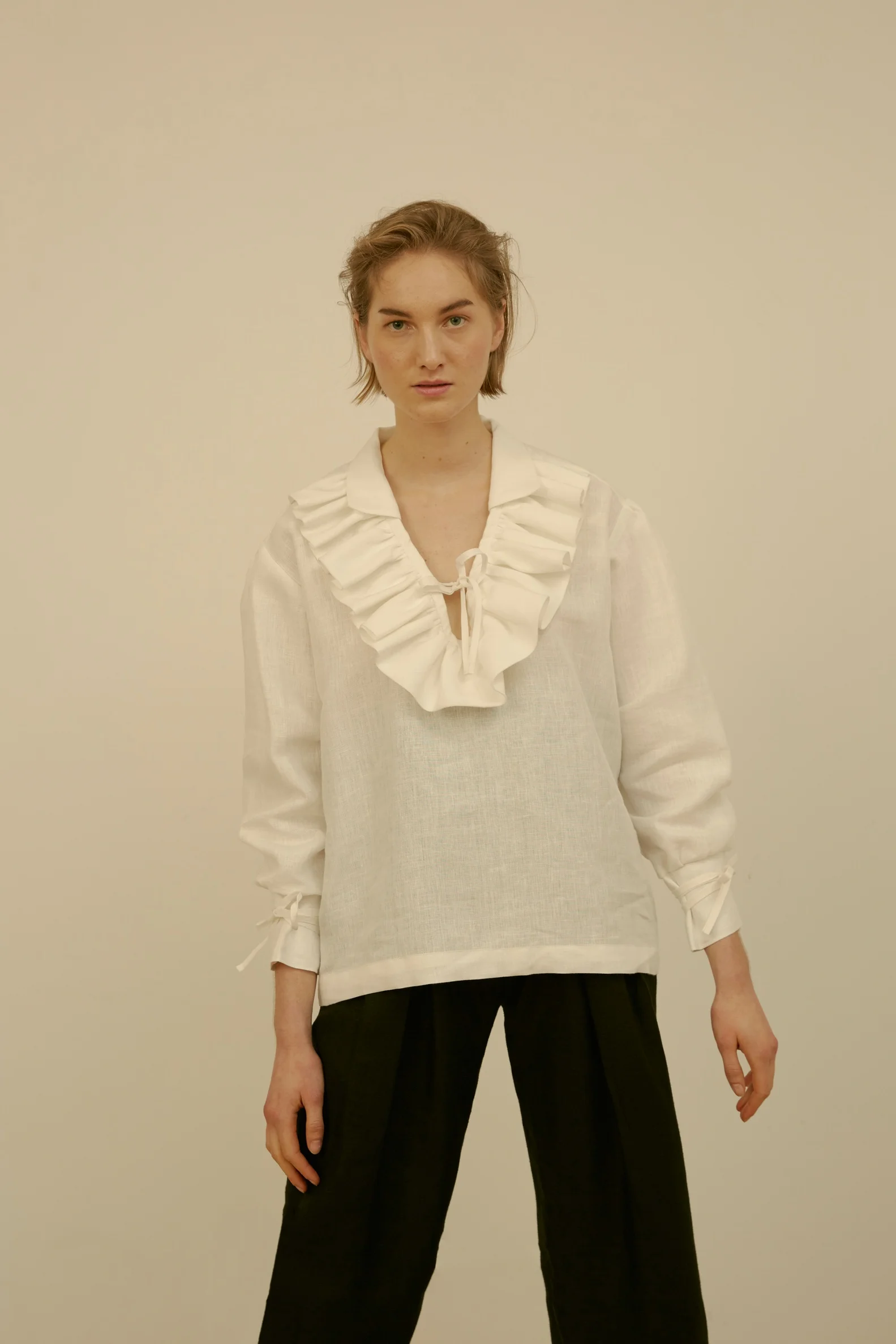 31 CHAPEL LANE IRISH LINEN MORGAN SHIRT WITH RUFFLE COLLAR, MILK WHITE, MADE IN IRELAND