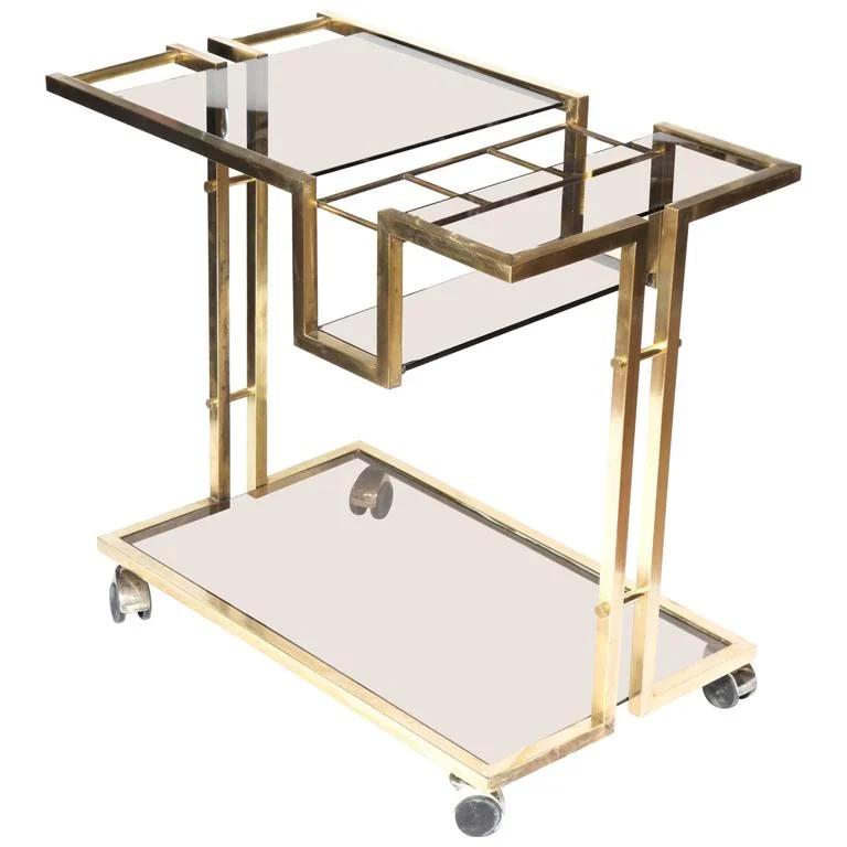 Vintage Italian Brass Bar Cart with Bottle Insert and Smoked Glass Shelves