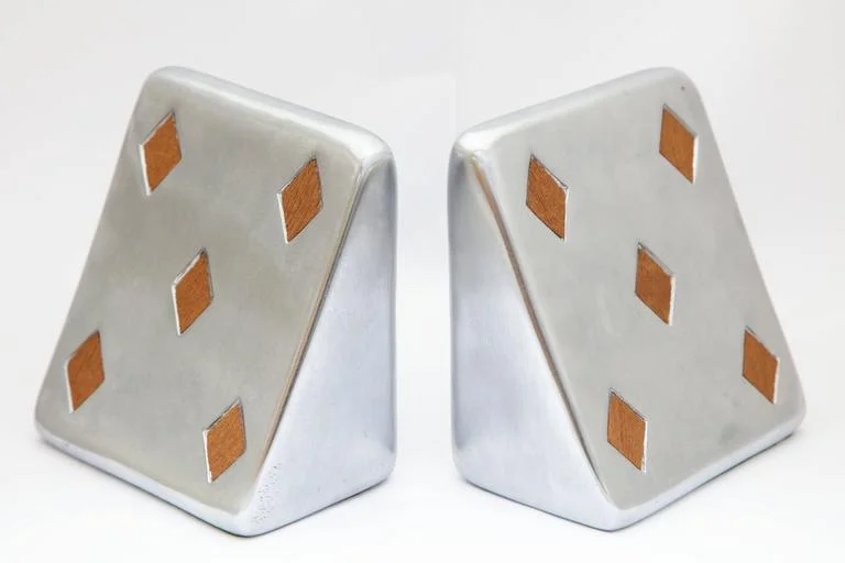 Ben Seibel Silver Metal Bookends with Inlaid Wood Diamonds