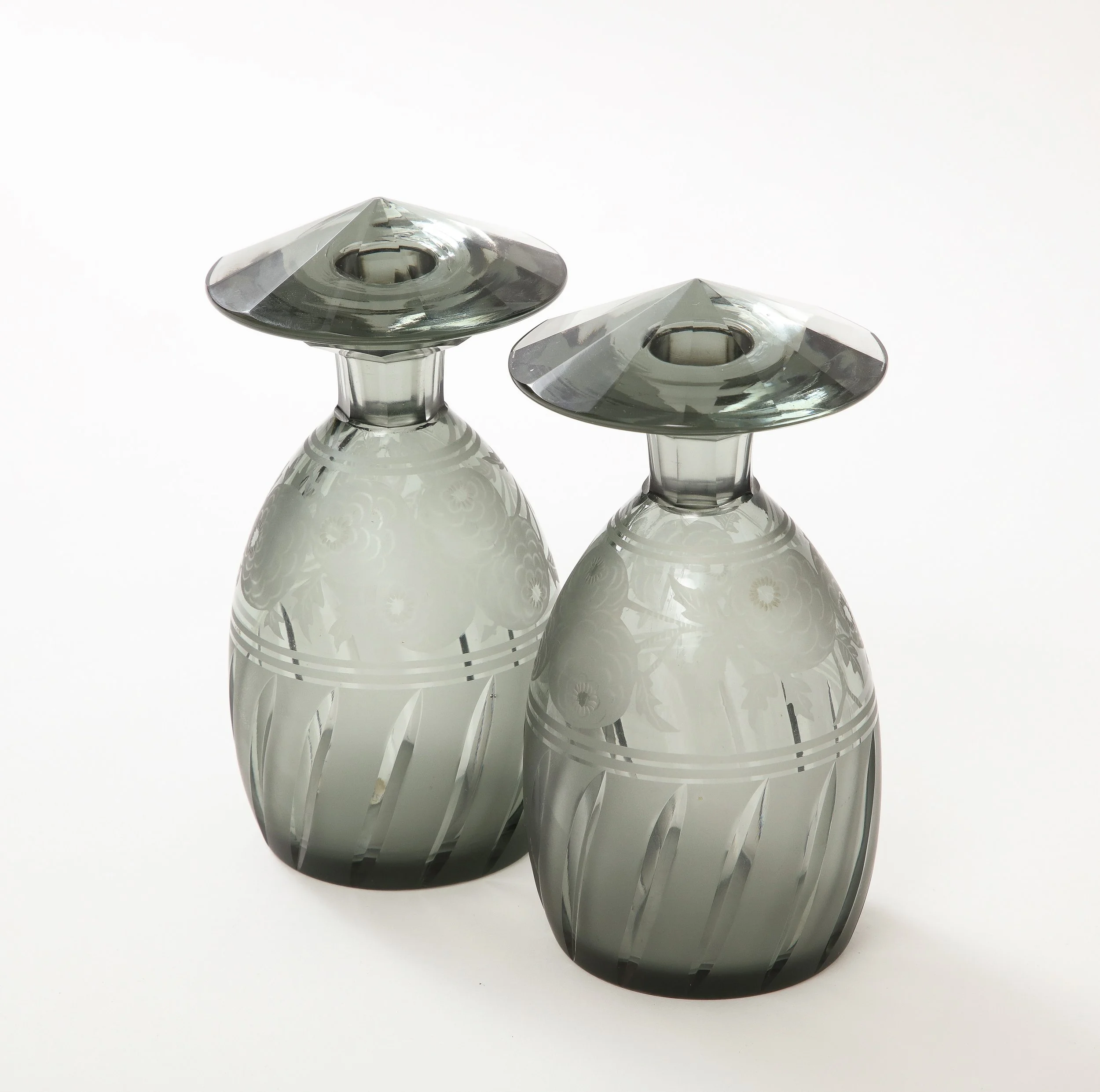 Art Deco Lidded Cut and Etched Crystal Bottles by Moser