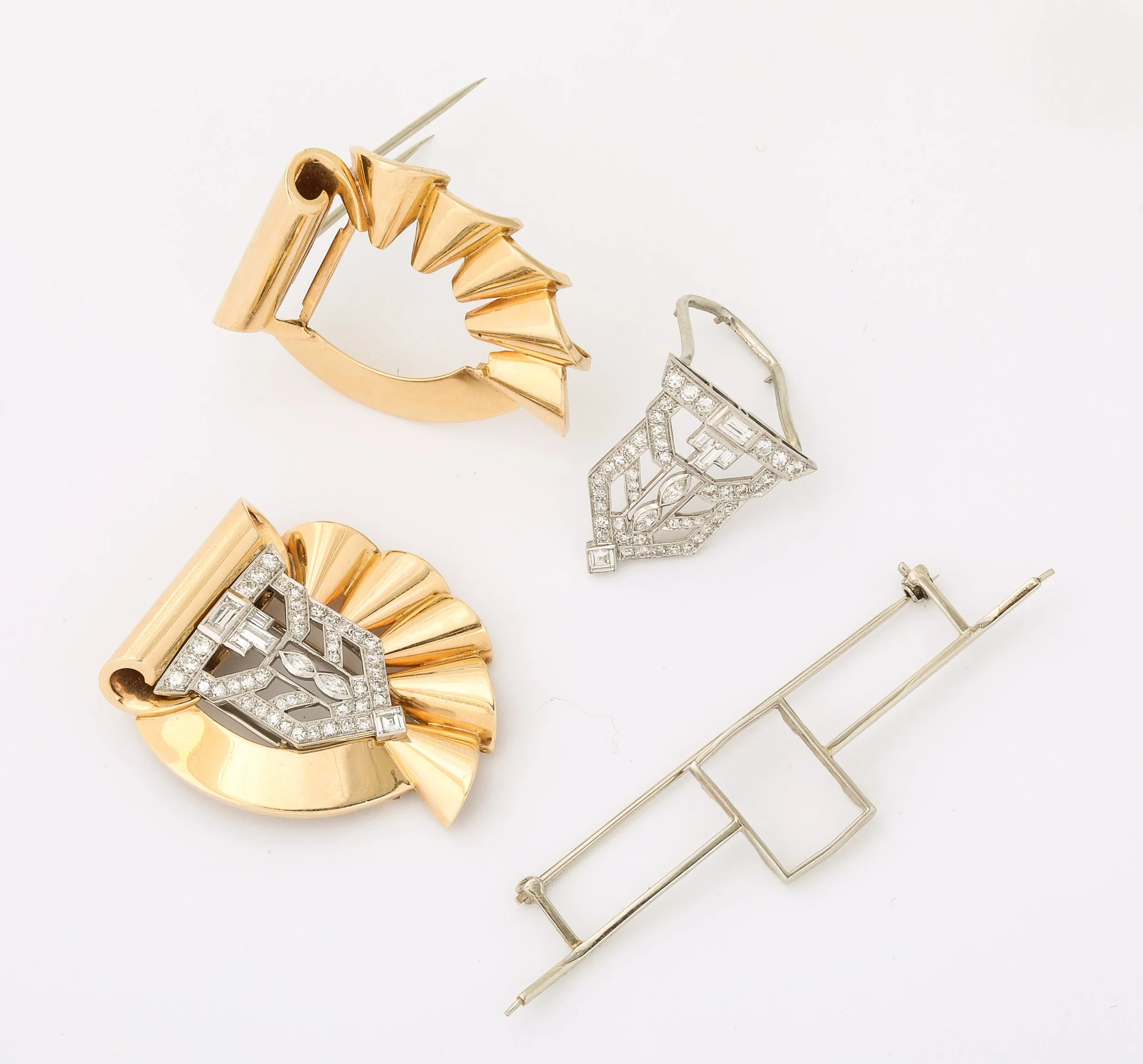 Fantastic French 18K Gold & Diamond Retro Large Brooch and Clips