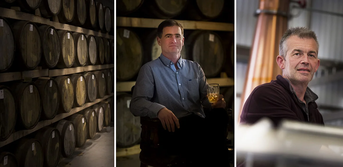 (L-R) Whiskey ageing in bourbon barrels. Morgan Ging founder of Ballykeefe Distillery. Jamie Baggott Master Distiller.