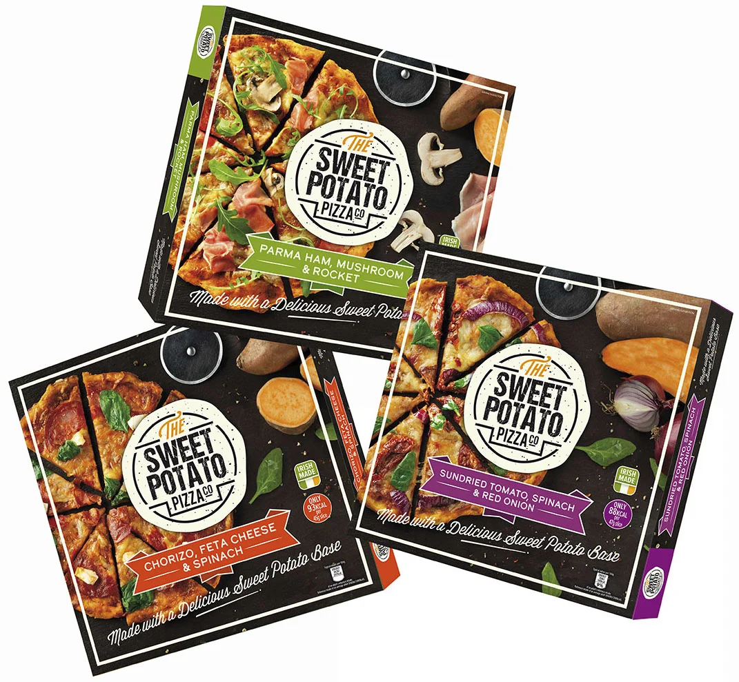 The newly launched packaging for The Sweet Potato Pizza Company.