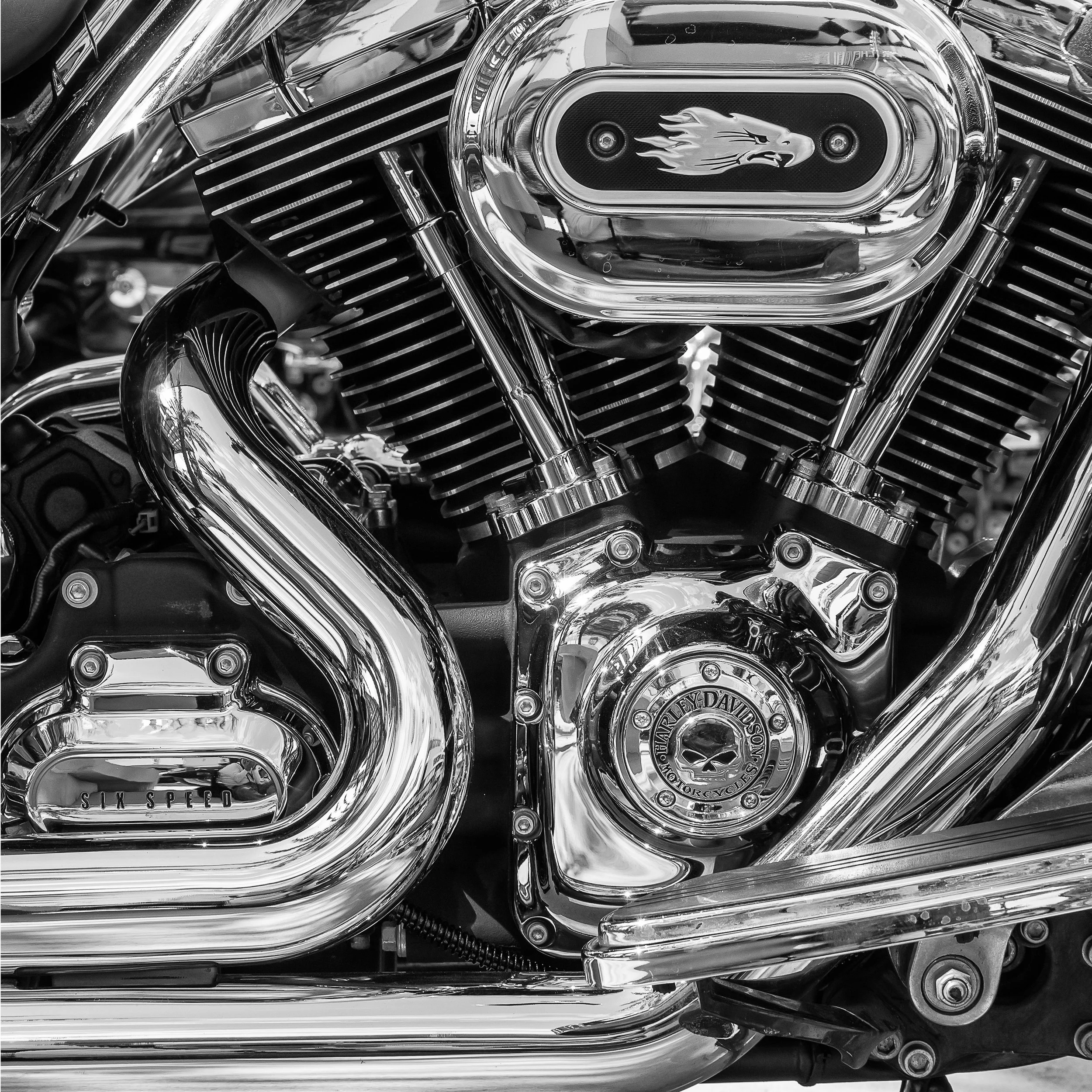 Black and white abstract detailed shot of a motorcycle image. Copyright Bill McSherry.