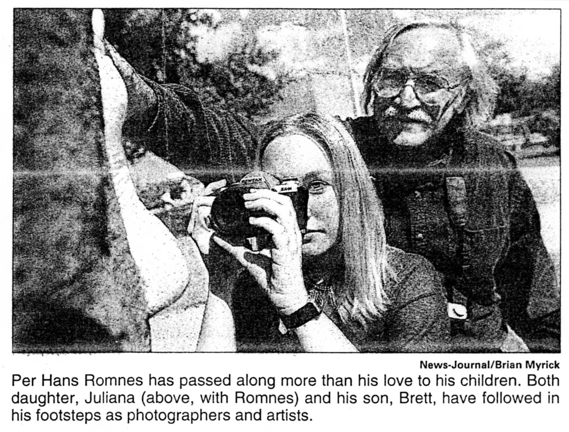 Museum Director Juliana Romnes and her father Per Hans, a photography instructor at Daytona State College. Picture taken from Daytona Beach News Journal, 2000. 