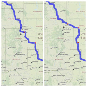 Left: Direct Houston to Alberta Right: Routing to avoid Colorado