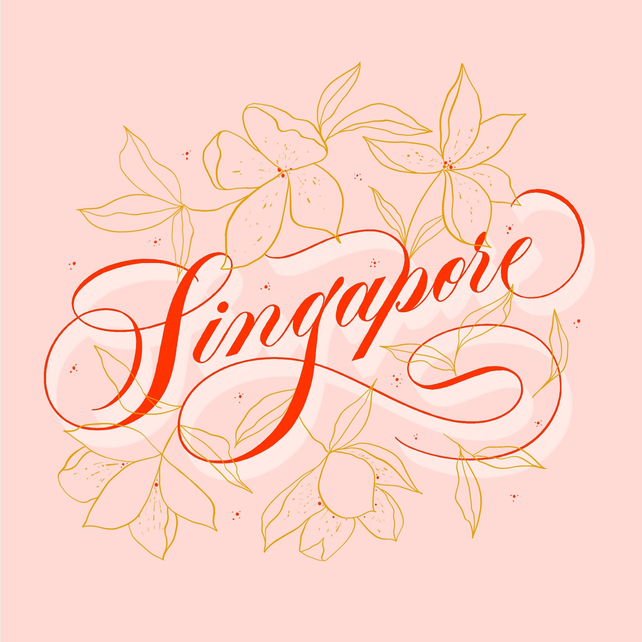 Singapore - Script Lettering + Modern Florals Illustration
