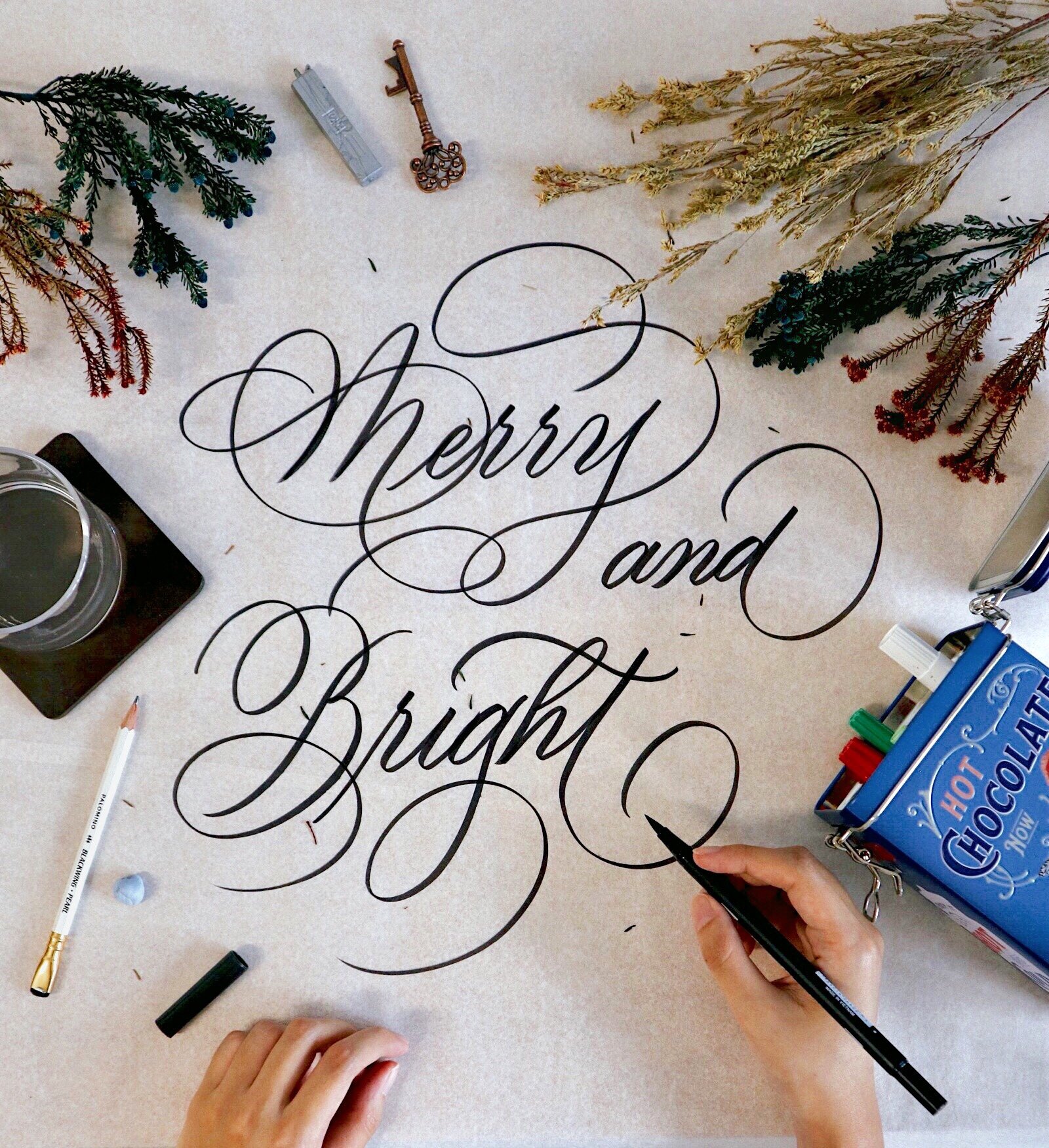 Merry &amp; Bright - Brush Calligraphy Script Art - Tombow Dual Brush Pen