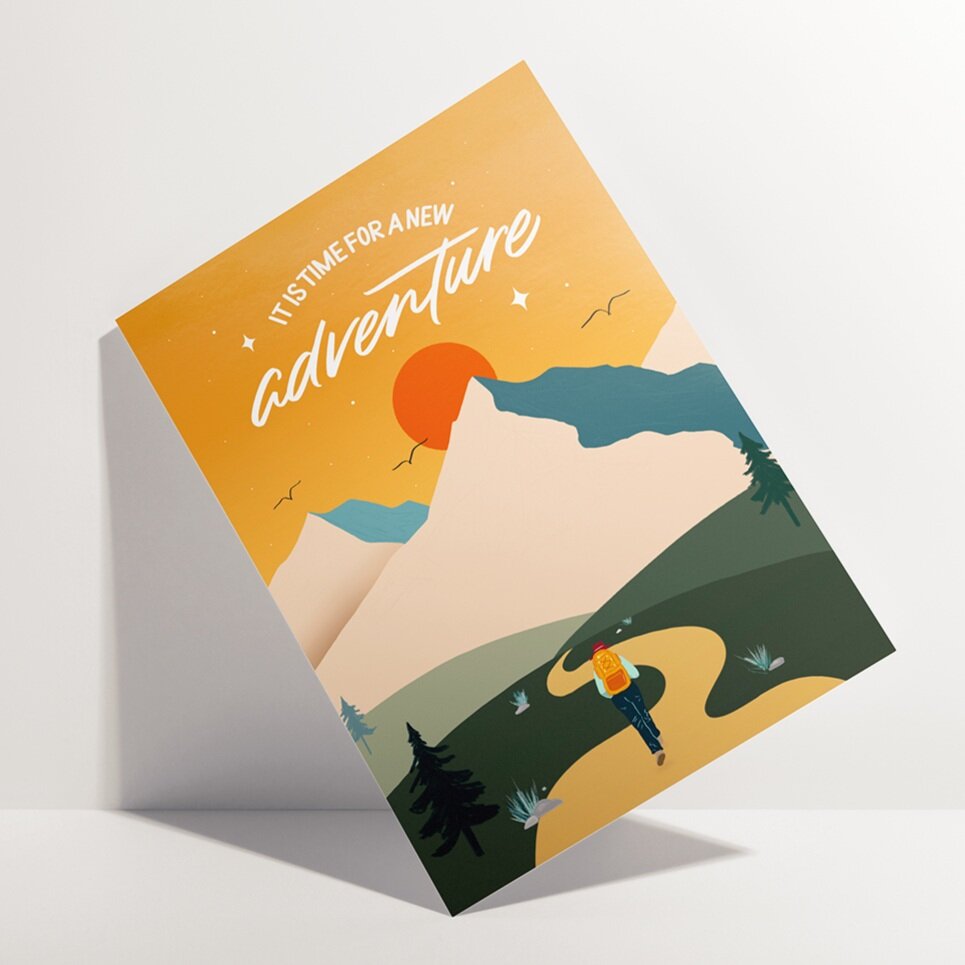 It's Time For A New Adventure - Lettering &amp; Landscape Illustration - Greeting Card