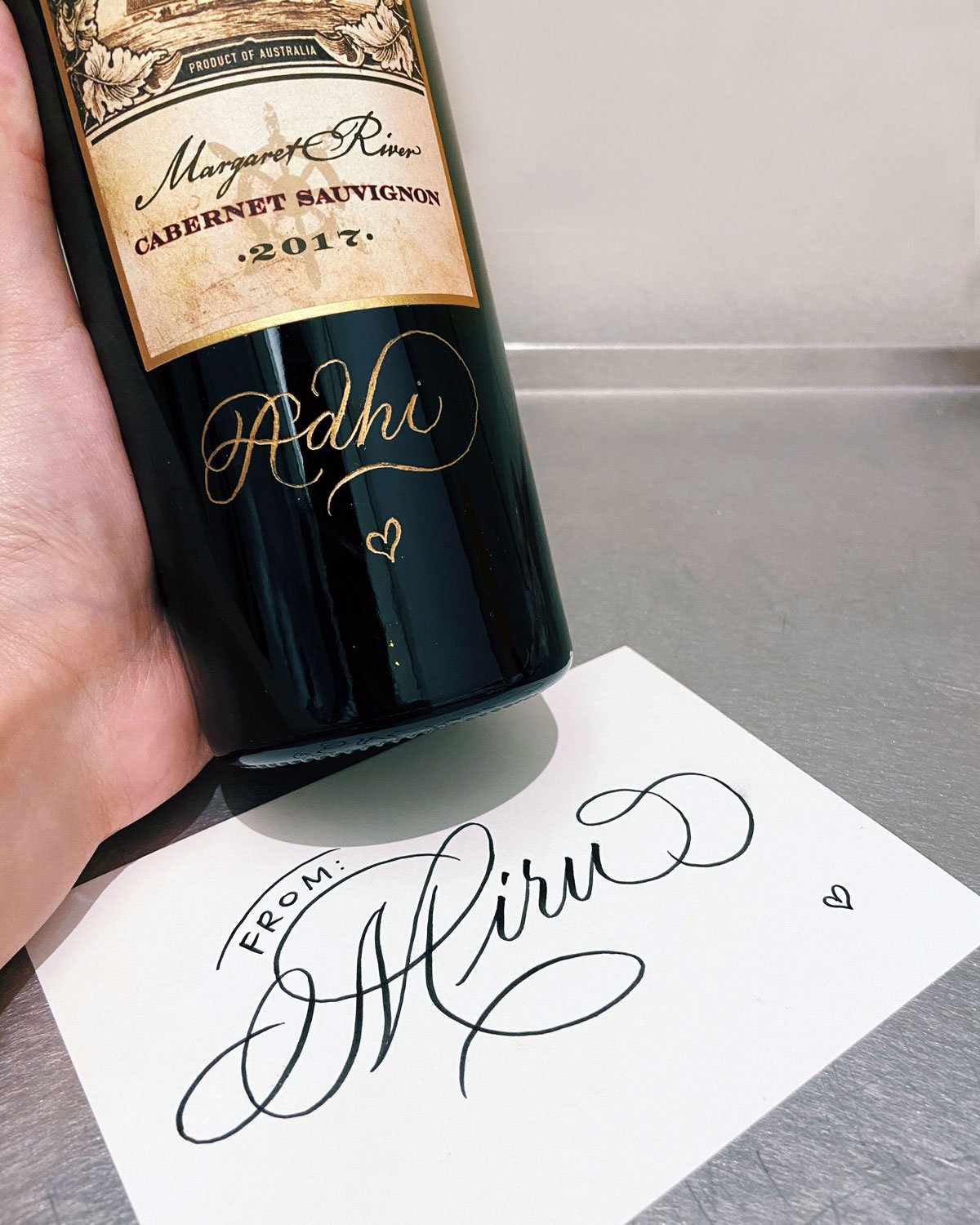 Happy Anniversary Adhi - Personalised Wine, Anniversary Gift - Calligraphy Engraving