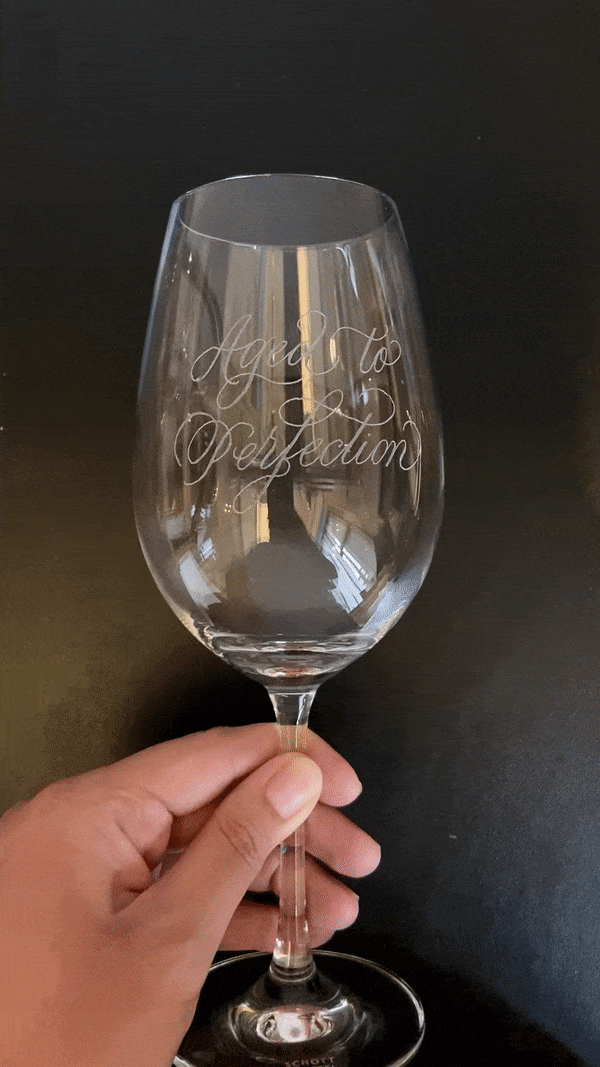 Personalised Calligraphy Engraved Schott Zwiesel Wine Glass Set - Aged to Perfection.gif