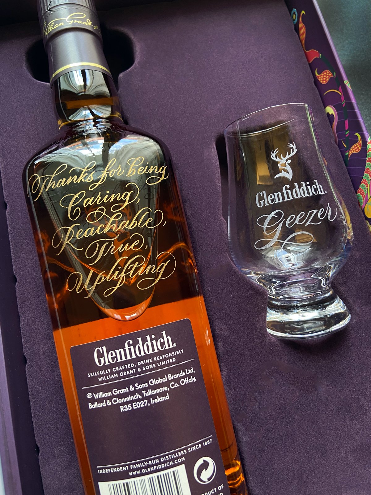 Calligraphy Engraving on Glenfiddich Single Malt Scotch Whisky 15 Years + Glass