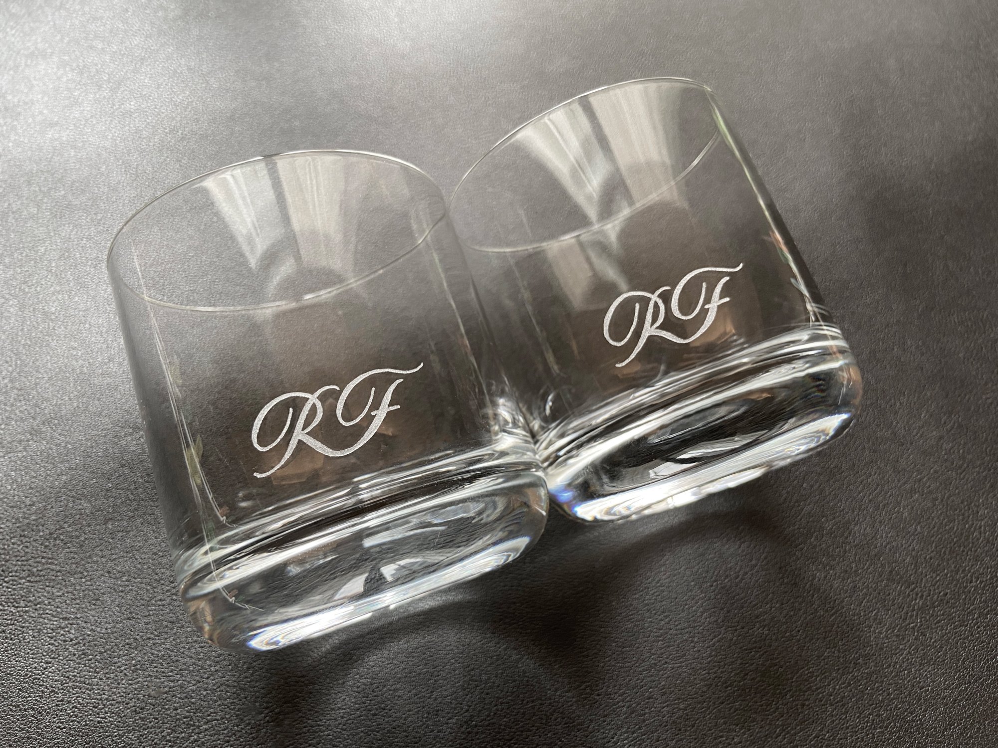 Calligraphy Engraved Monograms on Whiskey Glasses