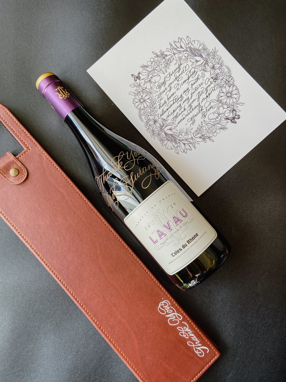 Engraved Wine, Wine Carrier & Hand-written Card