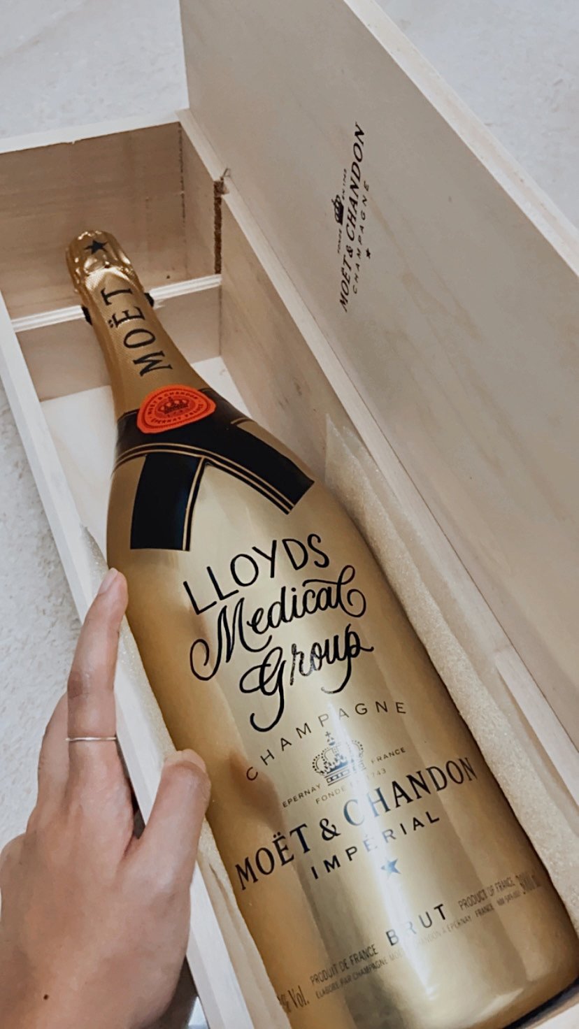 LLOYDS Medical Group | Custom Calligraphy Message on Moet & Chandon Champagne