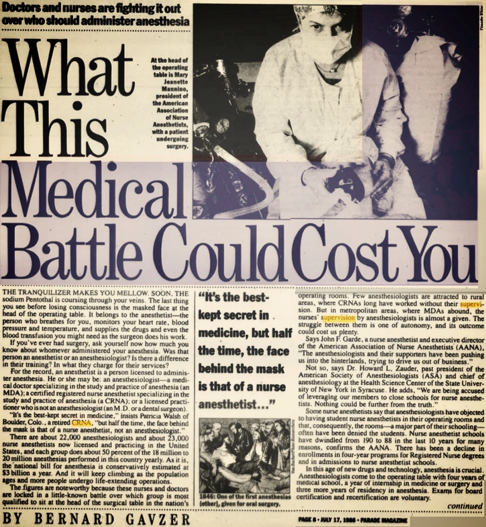 Scanned from AZANA archives, former AANA President Jan Mannino, CRNA, JD, featured in Parade magazine in 1988. The tensions between the two primary anesthesia professions has gone on for long enough. 