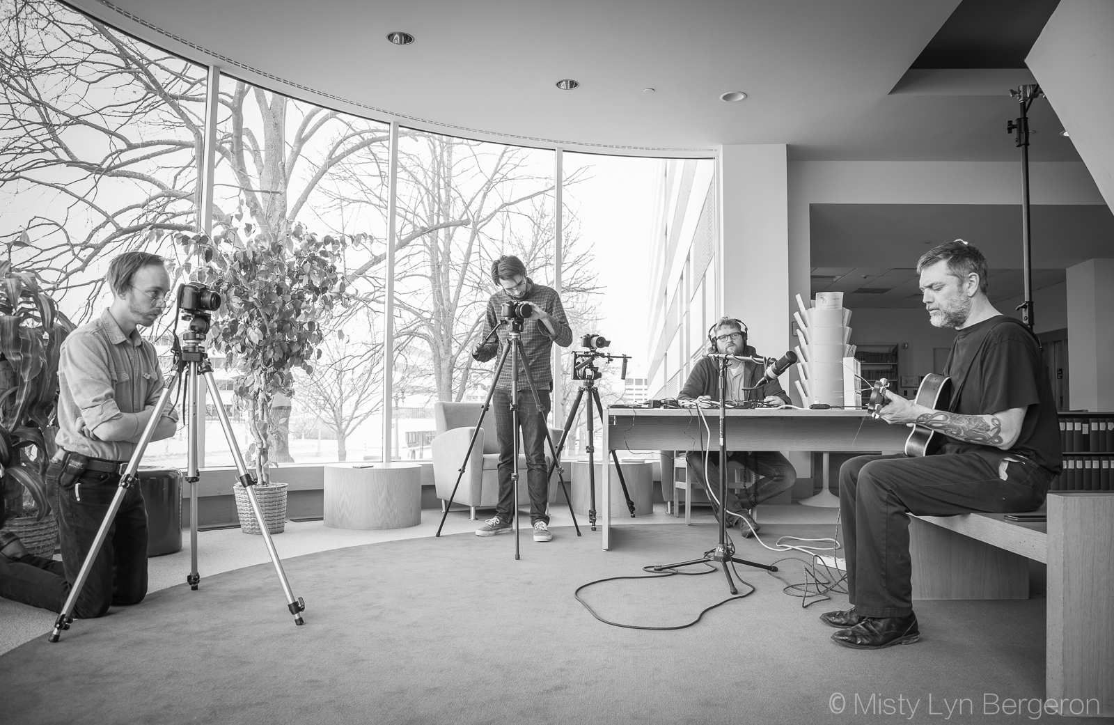 Part of the RSA crew documenting the performance of Lansing musician Martin Portier at the Archives of Michigan.