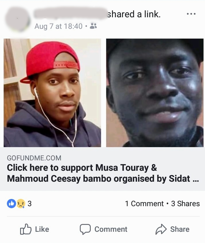   A post from “Alagie’s” Facebook announcing the death of Musa and Mahmoud, both killed in the 6 August 2018 car crash near Foggia, Italy.   © Pamela Kerpius  