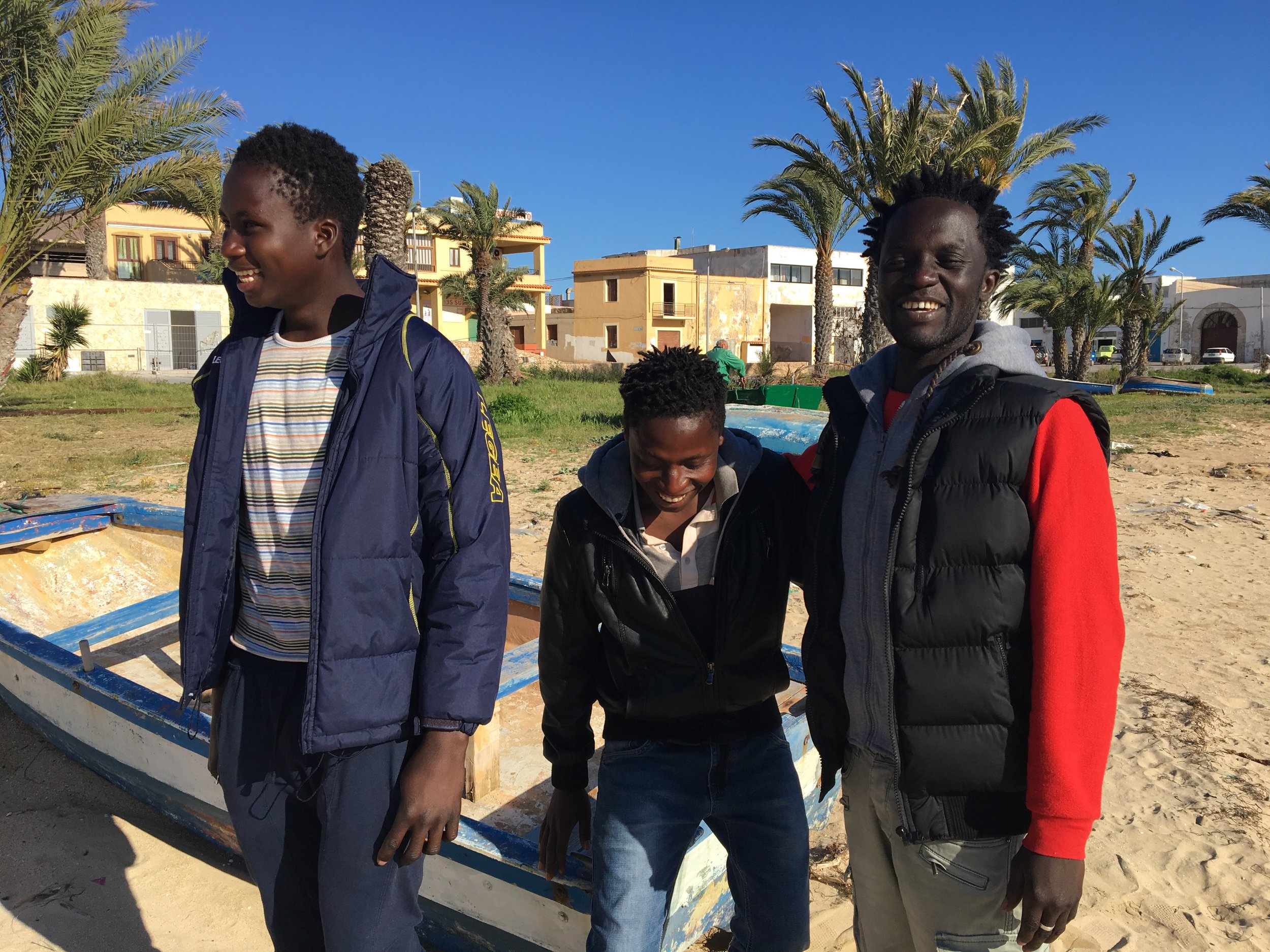   Ebrima (L) at Cala Palme; Lampedusa, Italy. 3 April 2017. © Pamela Kerpius  