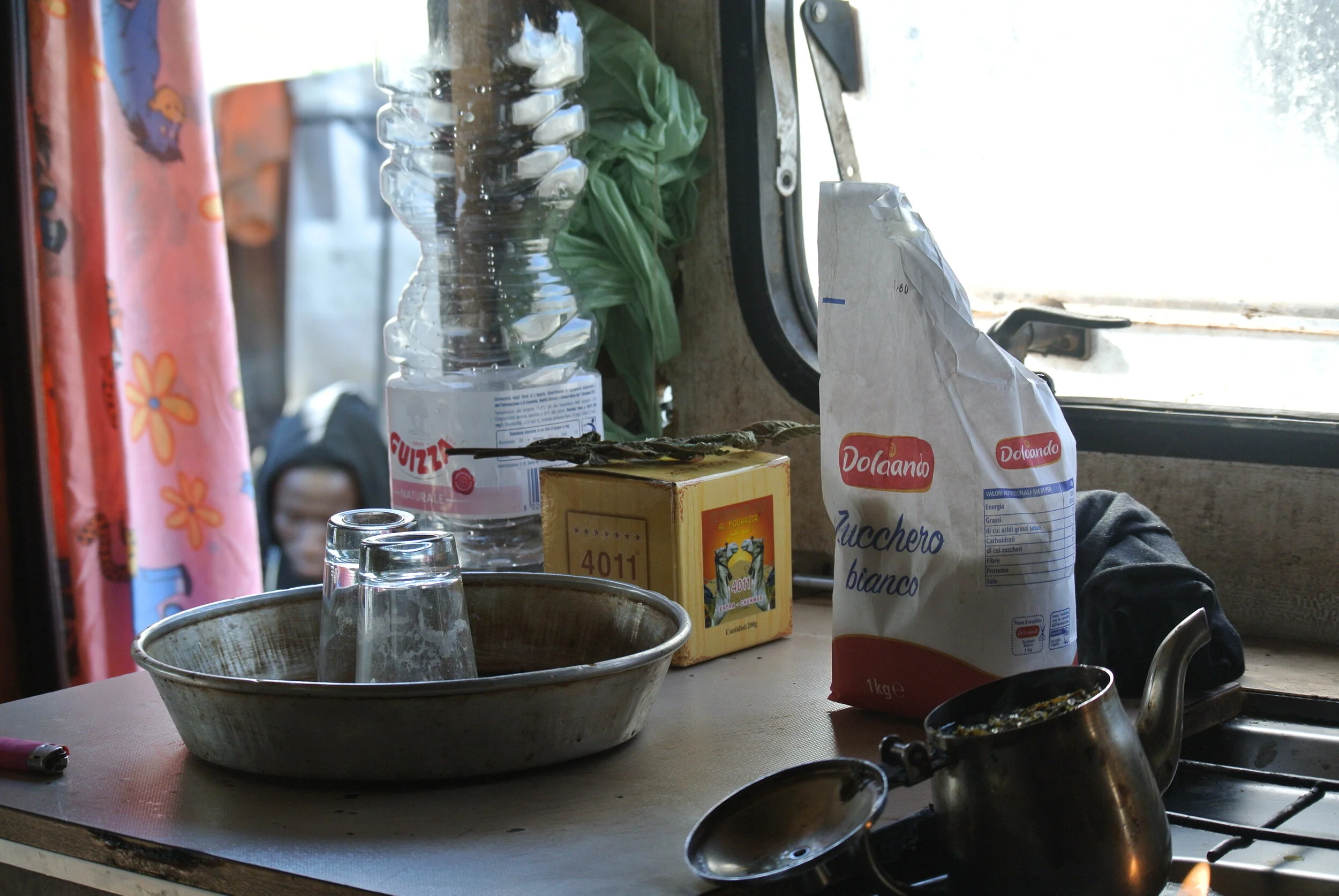   Tea service: inside Peter’s container. Foggia, Italy. 8 October 2019. ©Pamela Kerpius  