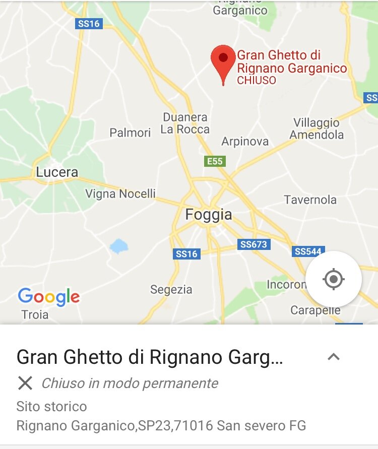  Chiuso: Google Maps indica che il ghetto è chiuso, ma semplicemente esiste sotto un altro nome. Foggia. 8 ottobre 2019. ©Pamela Kerpius 