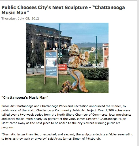 James Simon Chosen To Create A Sculpture for Chattanooga Tennessee' s Award Winning Public Art Collection
