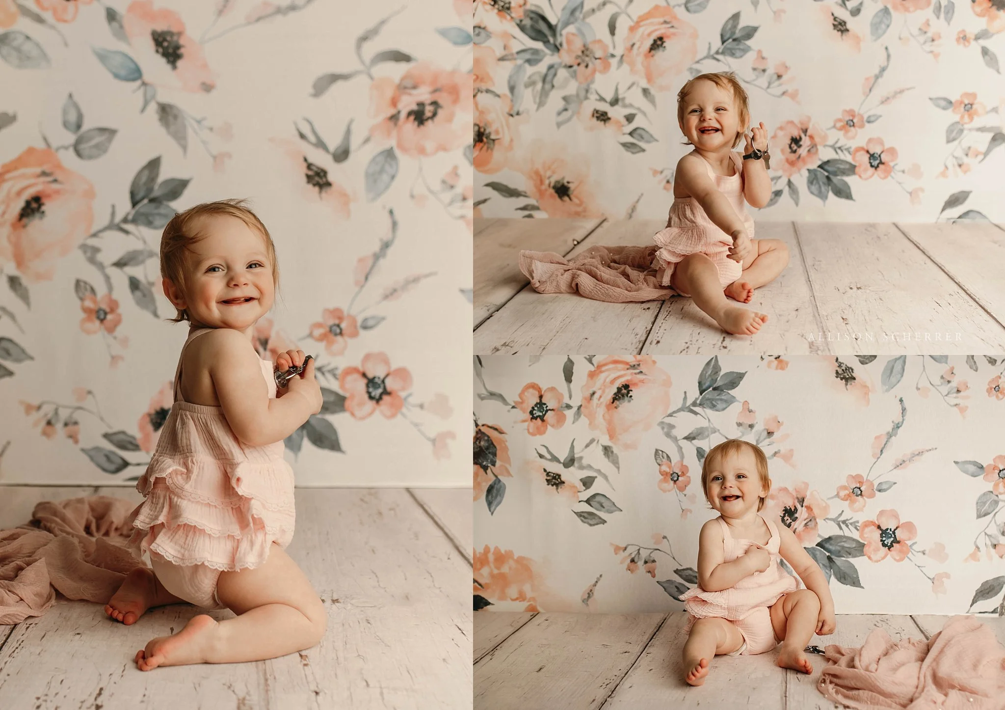 Soft pink and floral setup for one year session in Limon CO
