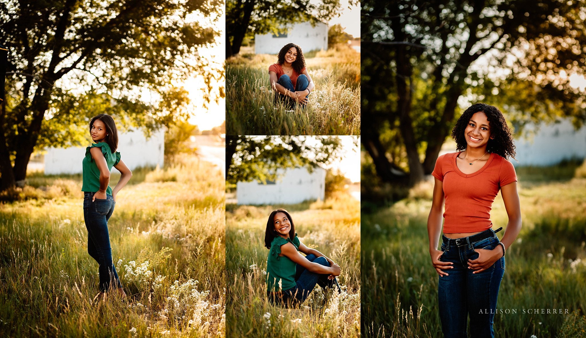twin sisters smiling during creek bed senior photos in Limon CO
