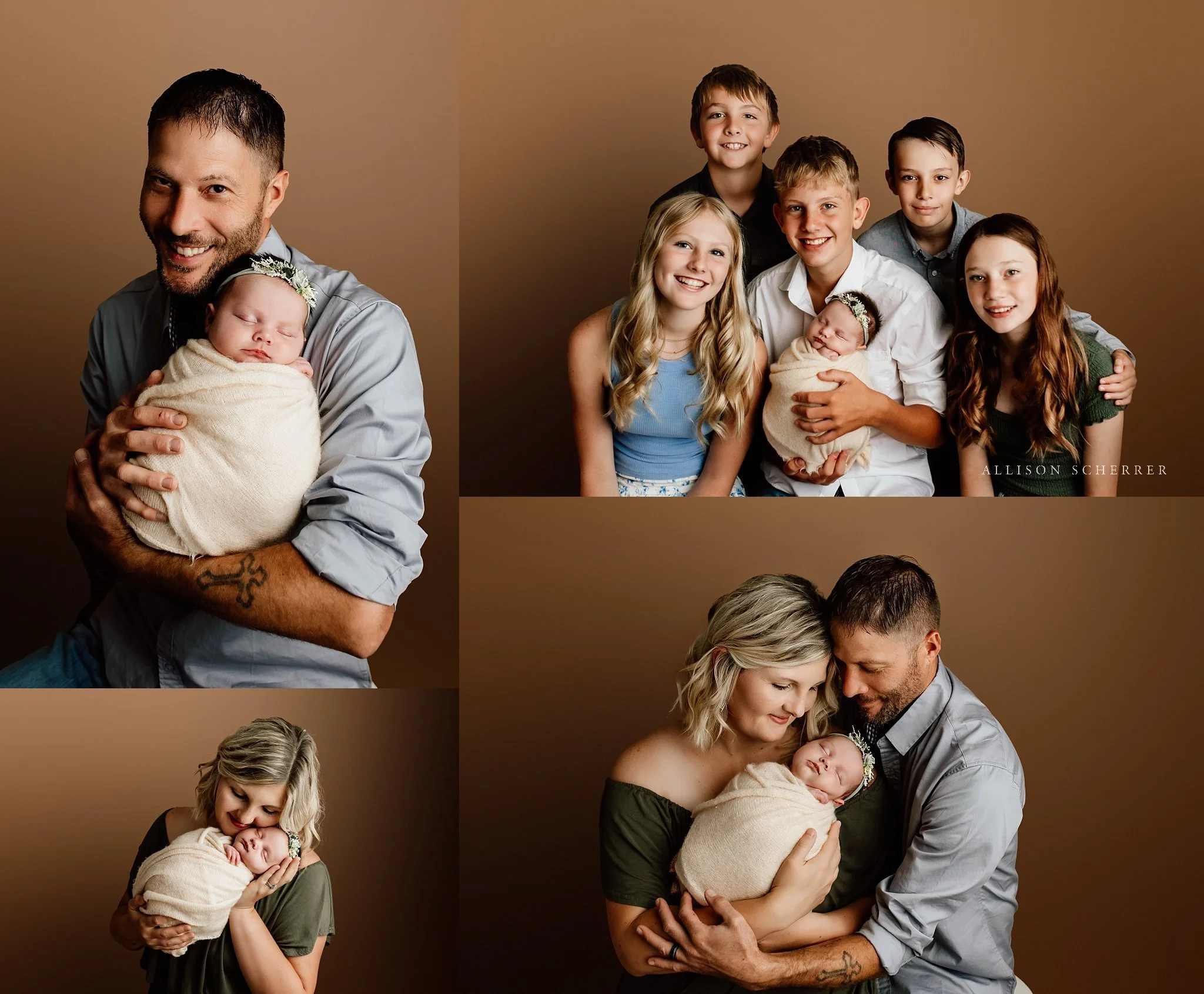 Parents and siblings holding newborn during family portraits