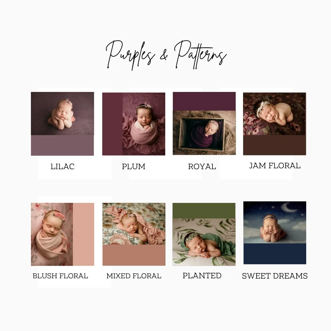 A grid of twelve baby photos with a purple color theme, labeled with various shades and floral patterns, titled 'Purples & Patterns'.