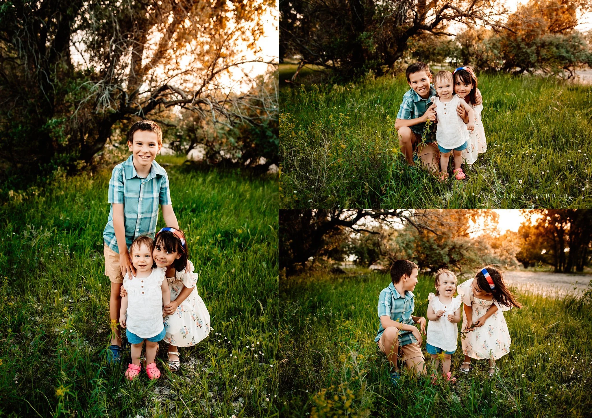 Candid family moment with young siblings on Colorado creek bed