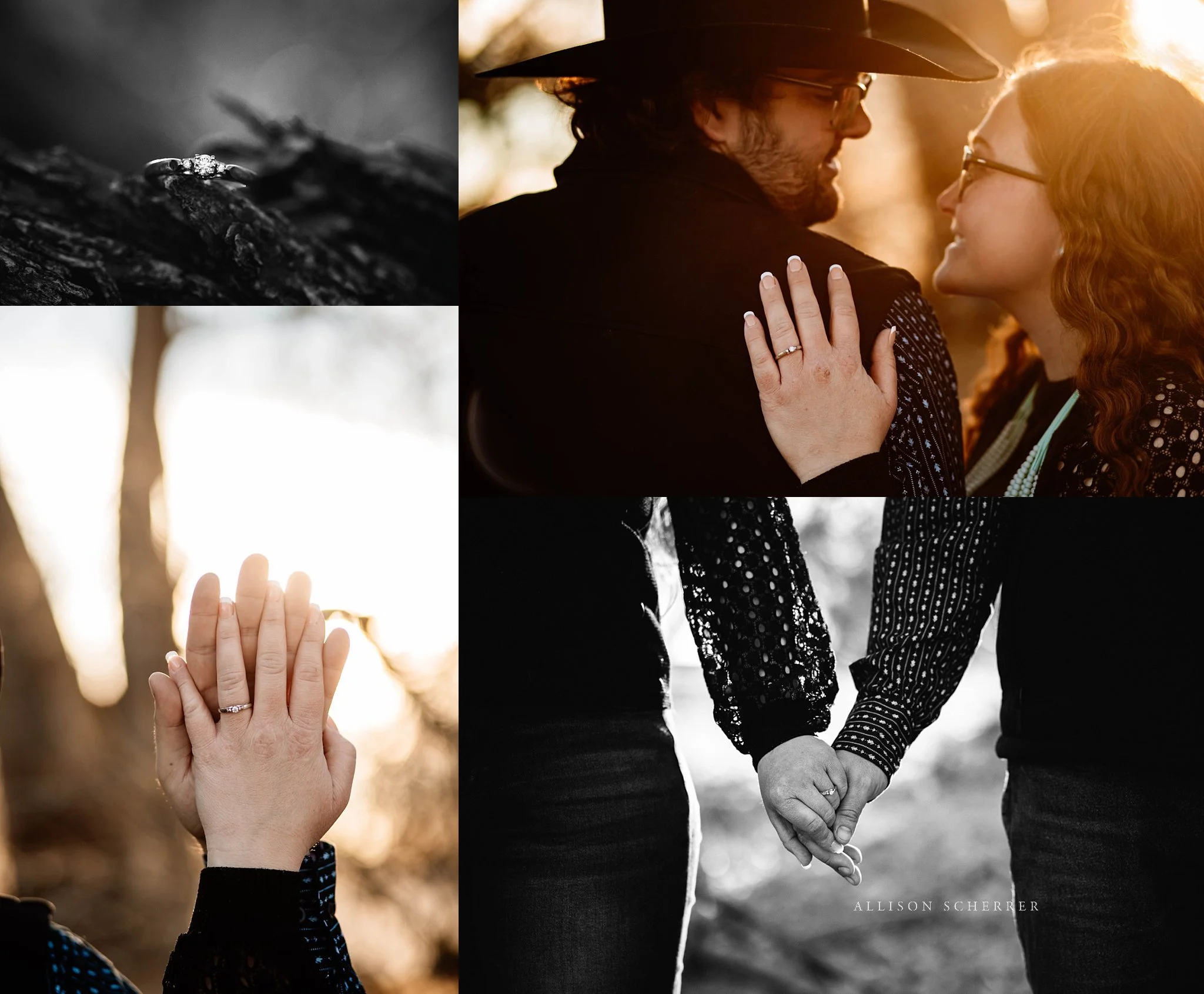Alyssa and Michael engagement session with warm light in Limon CO