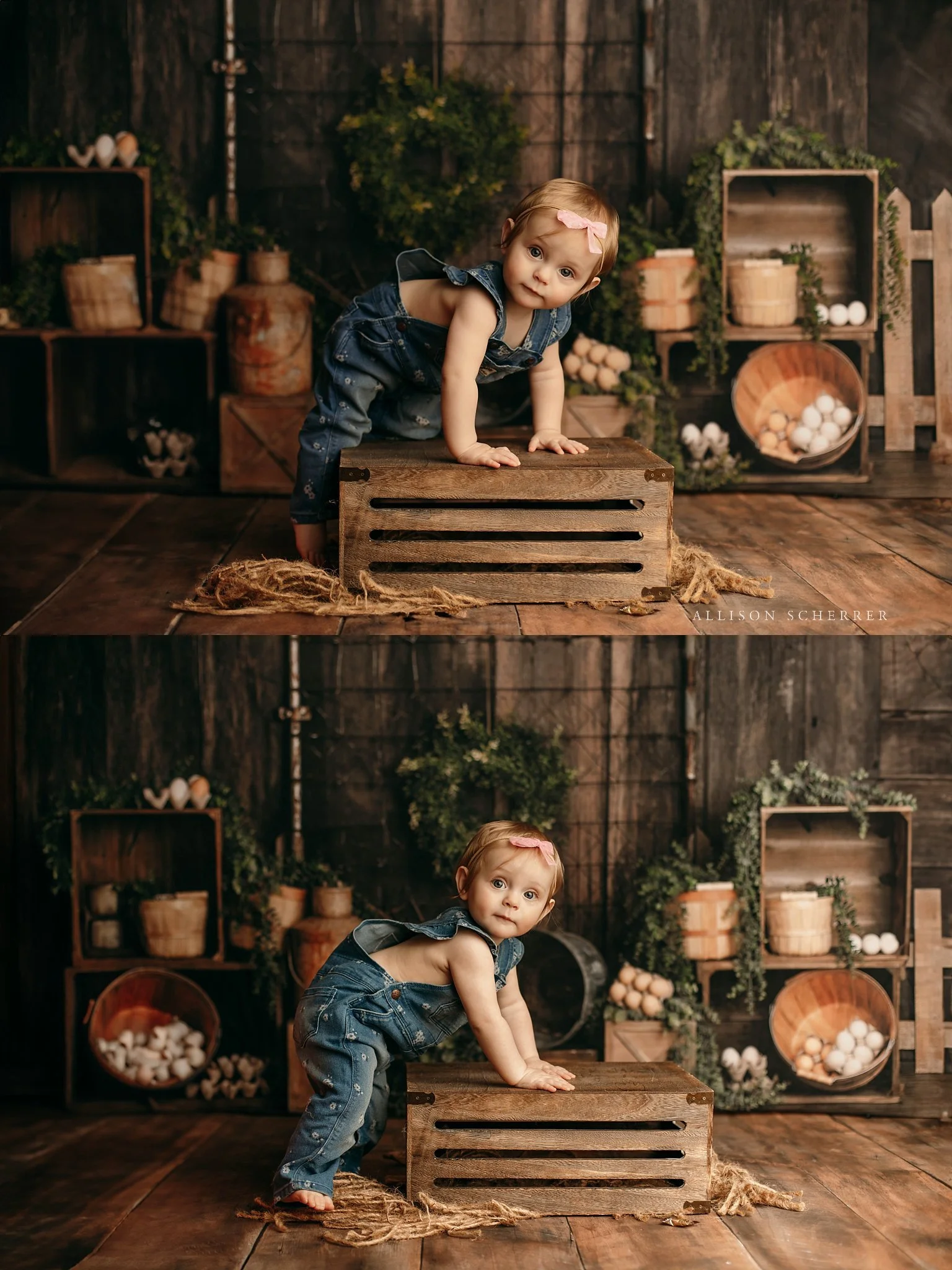 Spring country themed baby photos with overalls in Colorado studio