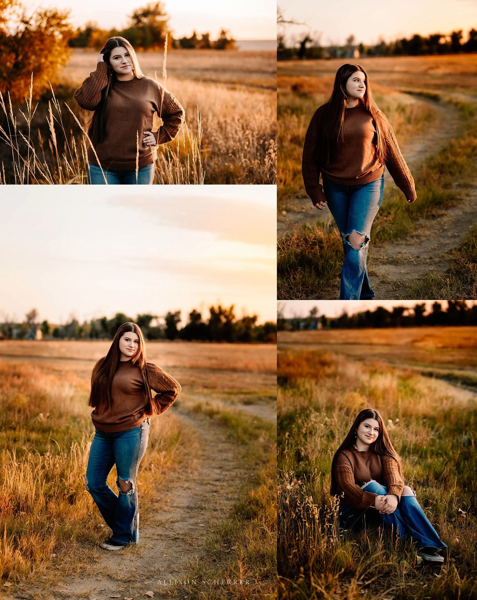 Senior girl walking ranch path during outdoor portraits