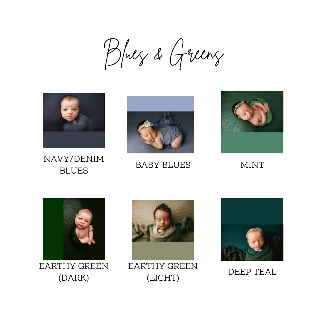 Chart titled 'Blues & Greens' showing six different baby photos each with a color label: Navy/Denim Blues, Baby Blues, Mint, Earthy Green Dark, Earthy Green Light, Deep Teal.