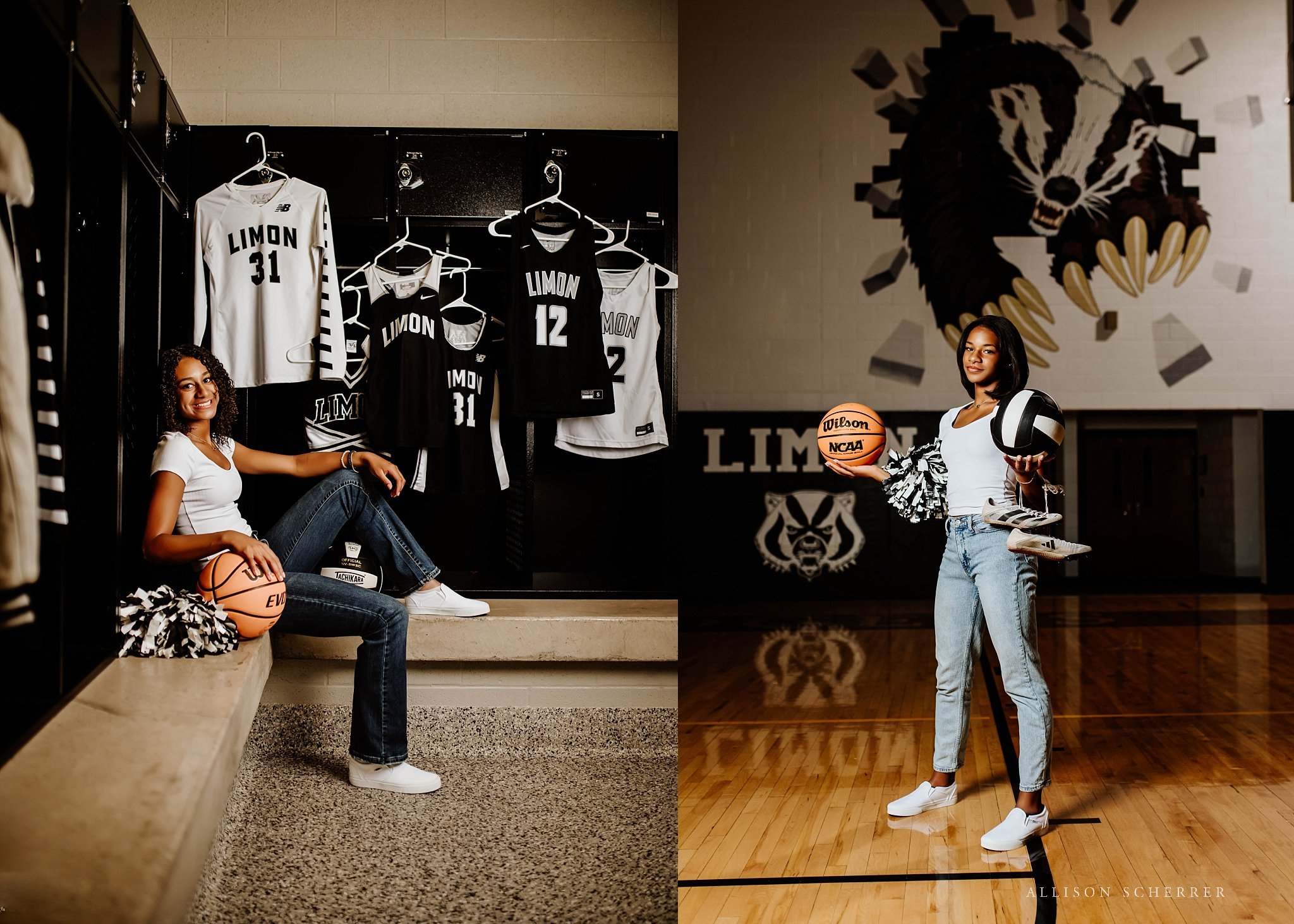 senior twin sisters holding volleyballs during athletic senior session in Eastern Colorado