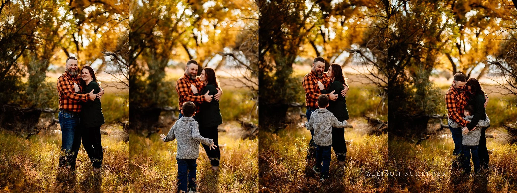 Family of three during fall photos in rural eastern Colorado
