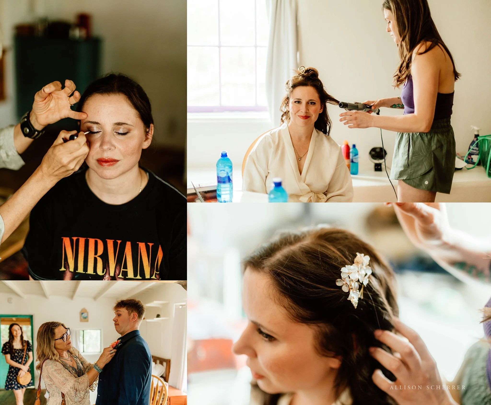 Family gathered around bride during morning preparations