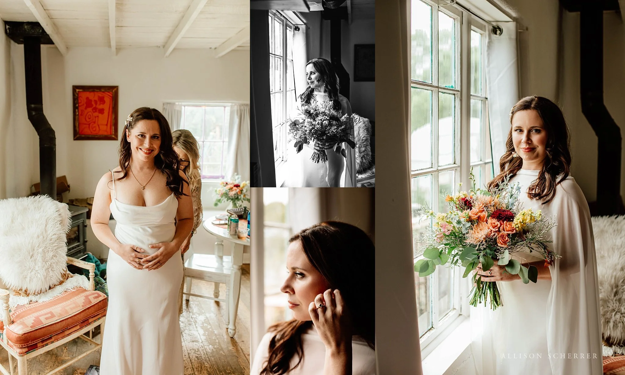 Bride getting ready inside rustic New Mexican cabin with natural window light