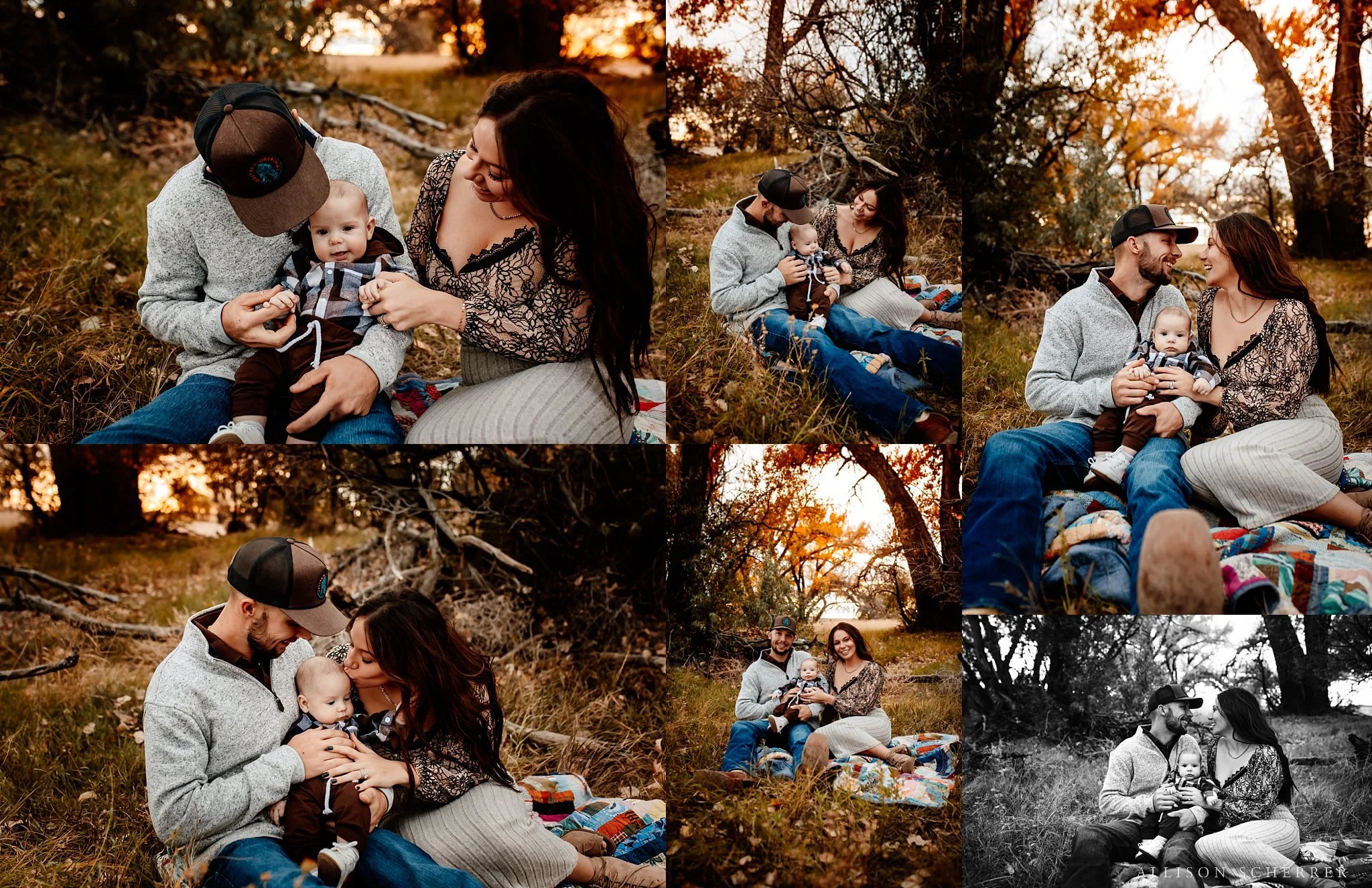 Parents holding four‑month‑old baby during fall mini session in Limon CO