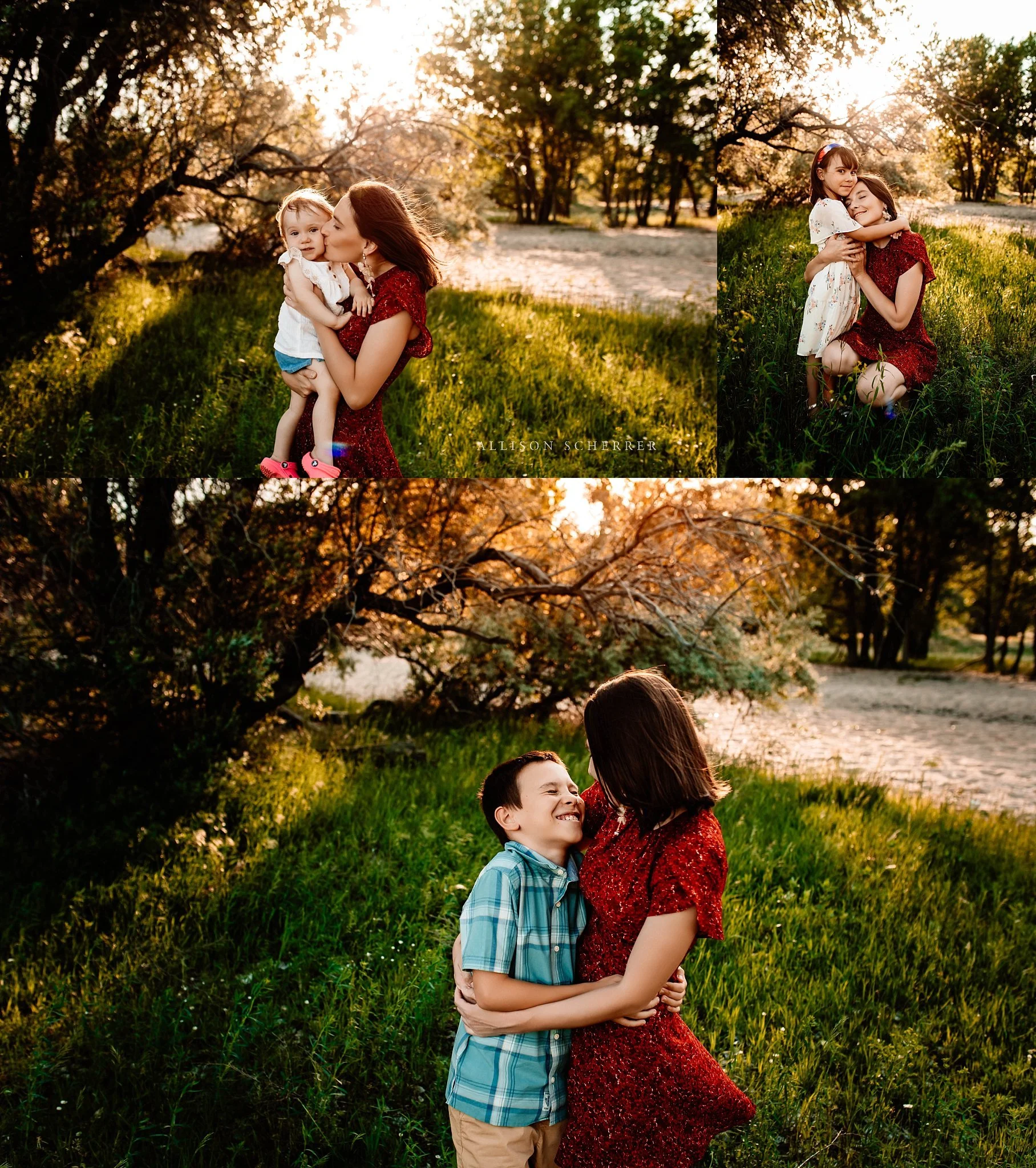 Mom with three kids during summer Americana family photos