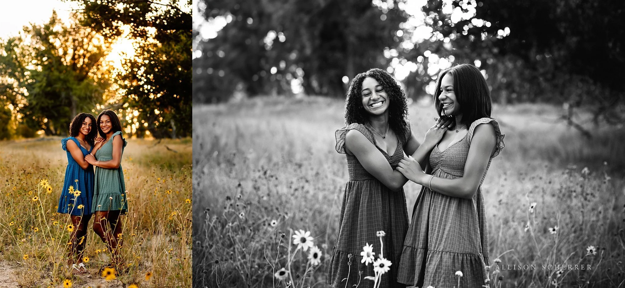 twin sisters laughing together in creek bed during Colorado senior portraits
