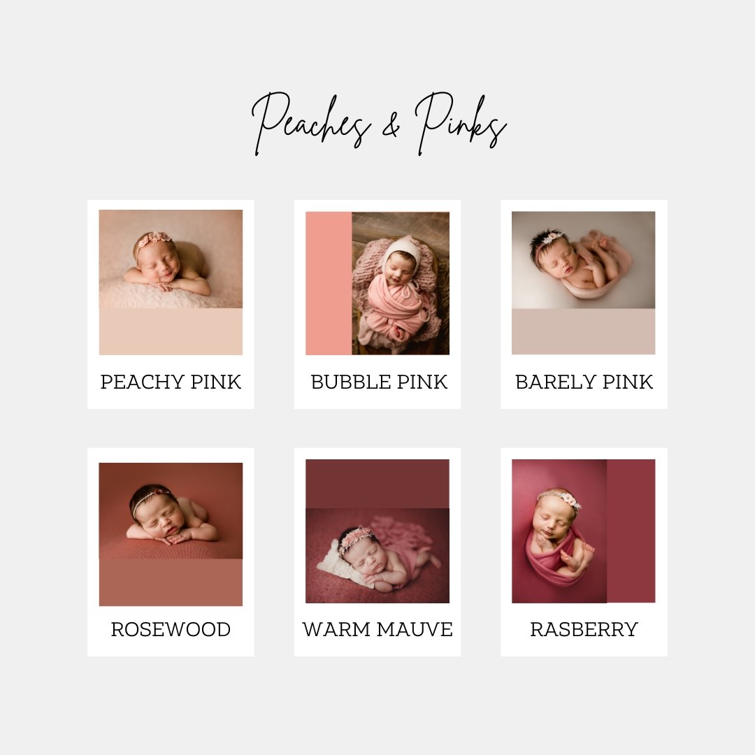 Collection of baby photos with pastel pink and mauve backgrounds, labeled with color names such as Peachy Pink, Bubble Pink, Barely Pink, Rosewood, Warm Mauve, and Raspberry.