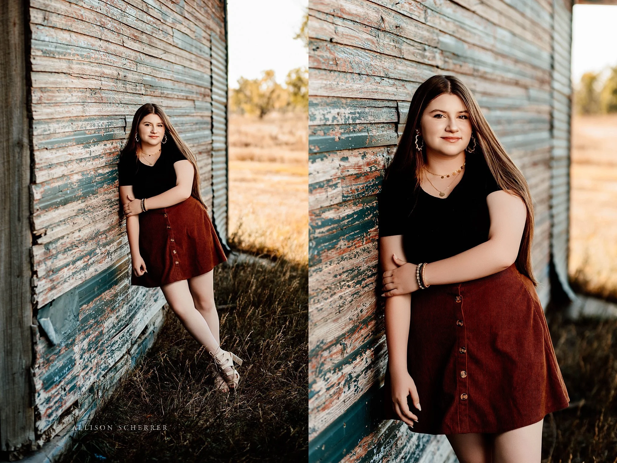 Senior girl posing by rustic barn on Colorado ranch