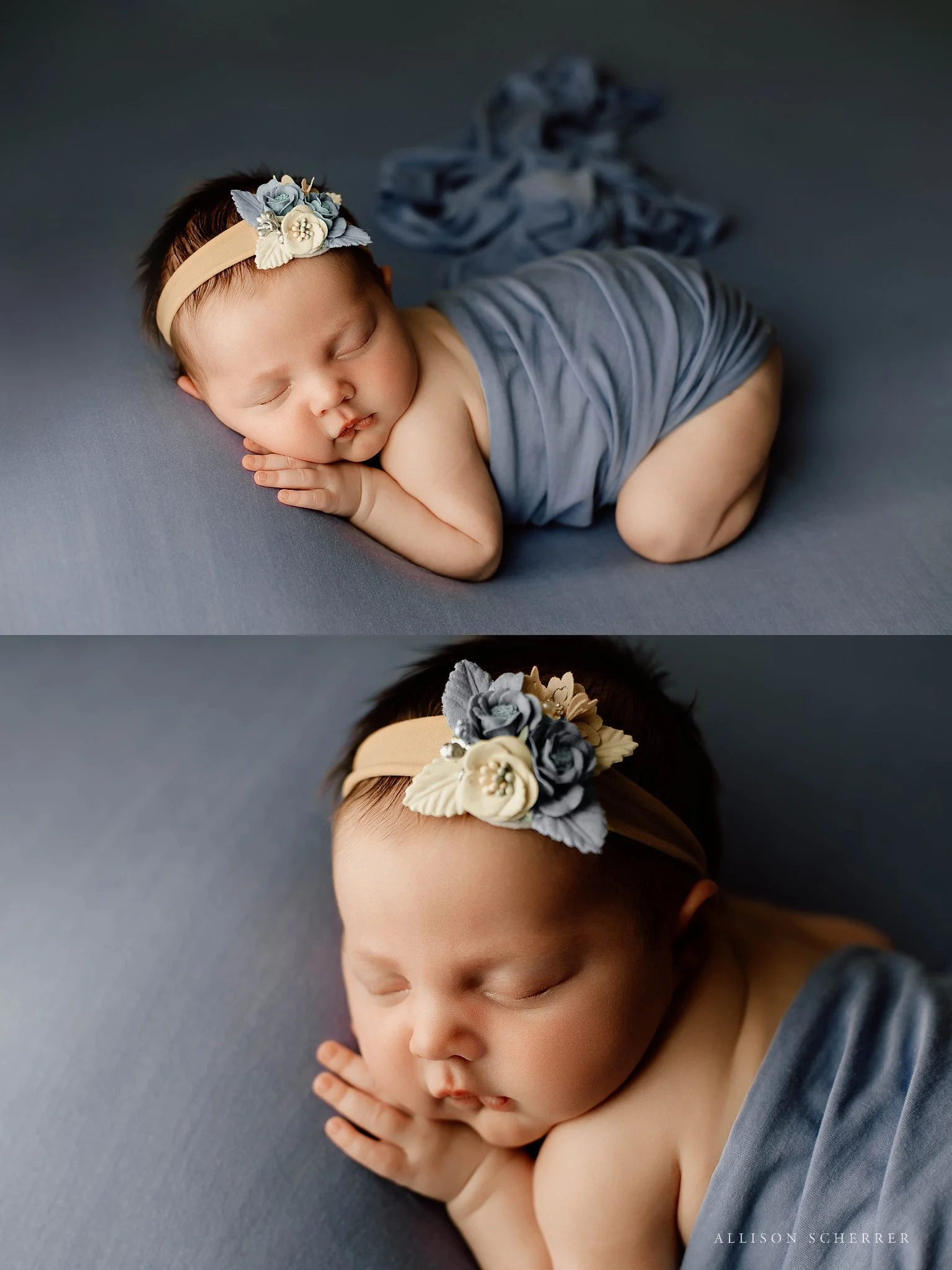 Baby girl with chubby cheeks wrapped in blue  tones