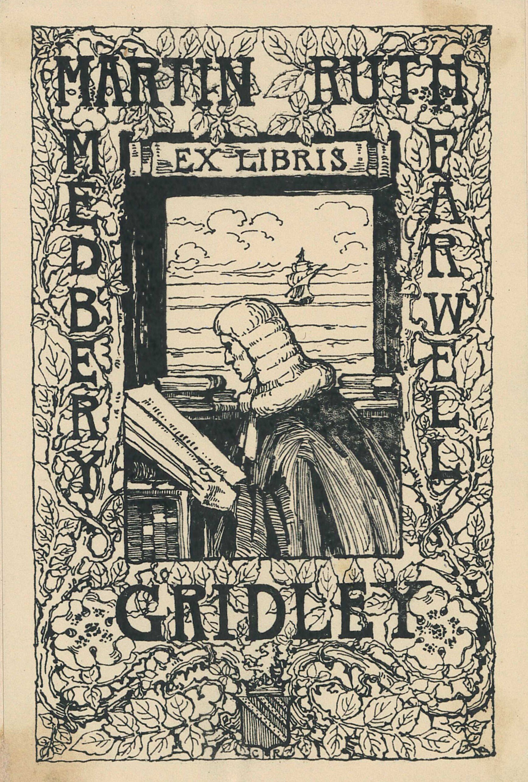 Similar to the one before, the book plate of Martin and Ruth Gridley draws comparisons to books and adventures. Rare Book and Manuscript Library, University of Illinois at Urbana-Champaign