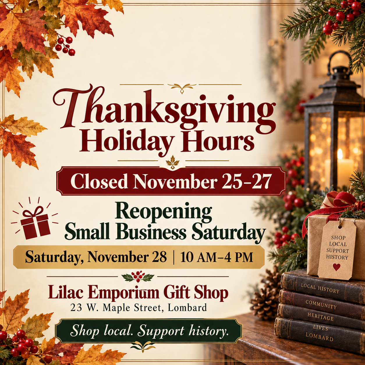 Thanksgiving Holiday Hours &amp; Small Business Saturday
