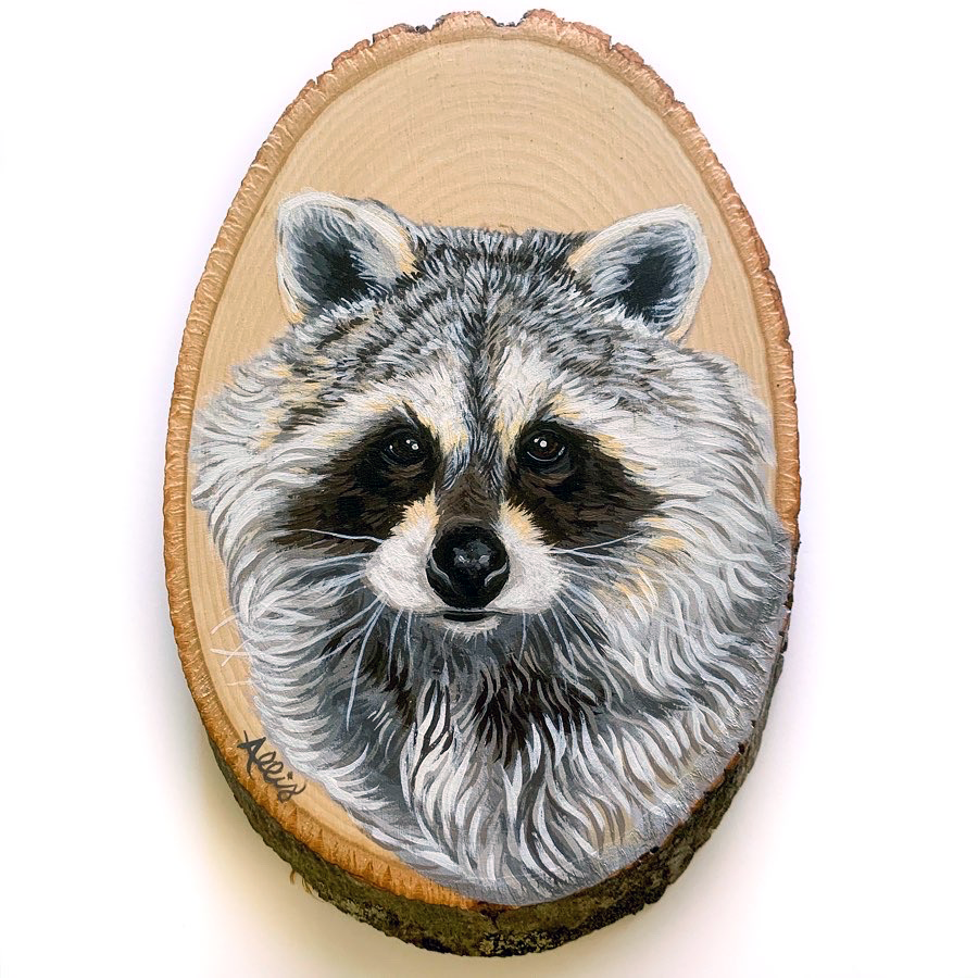 Raccoon, Approx 9”, acrylic on wood, 2020, SOLD