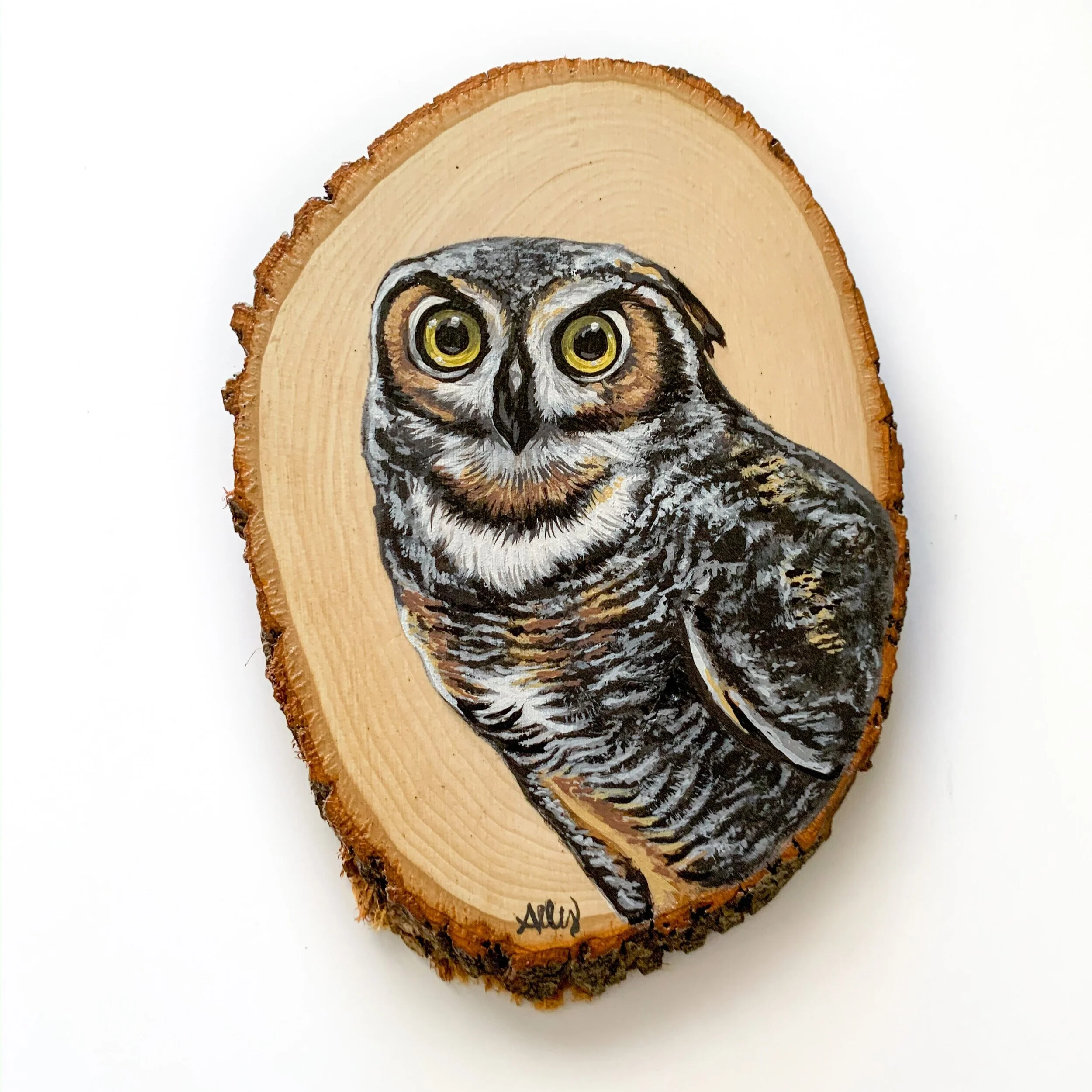 Owl, Approx 9”, acrylic on wood, 2020