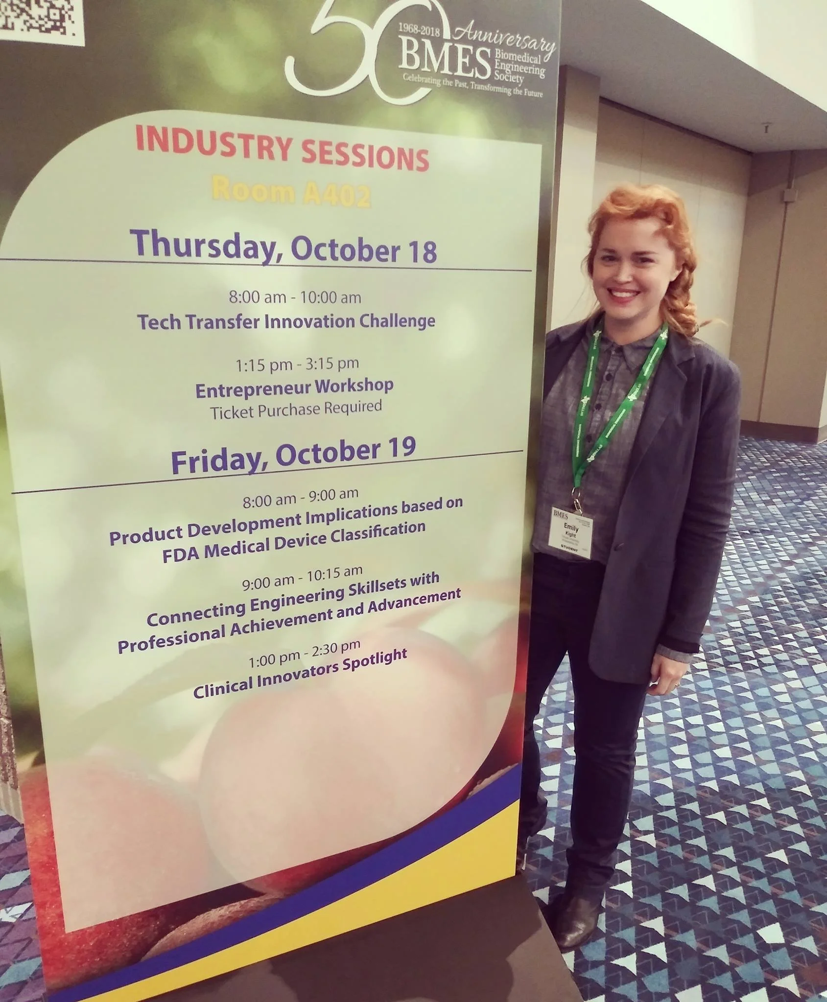 Emily’s abstract for a Rapid POC urine test for an ovarian biomarker was selected by Medtronic and Abbott to give a talk at the 2018 BMES Conference at the Atlanta GA World Conference Center